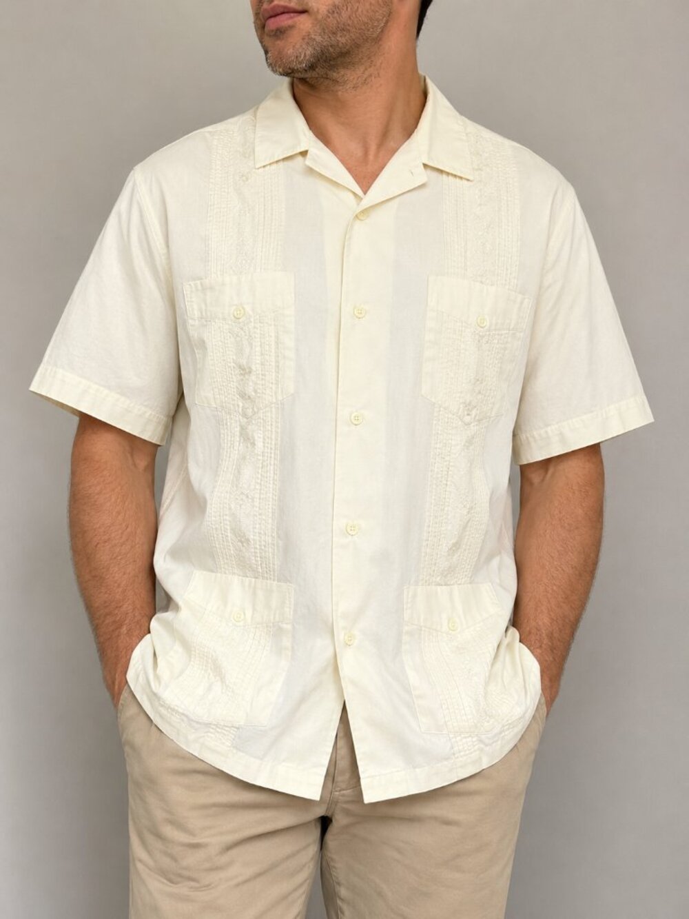 Cubavera Men’s XL Ivory Guayabera Embroidered 4 Pocket Cuban Shirt